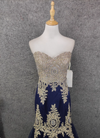 Vintage Navy Blue Sweetheart Neck Lace Rhinestone-Embellished Tulle Long Formal Prom Dresses