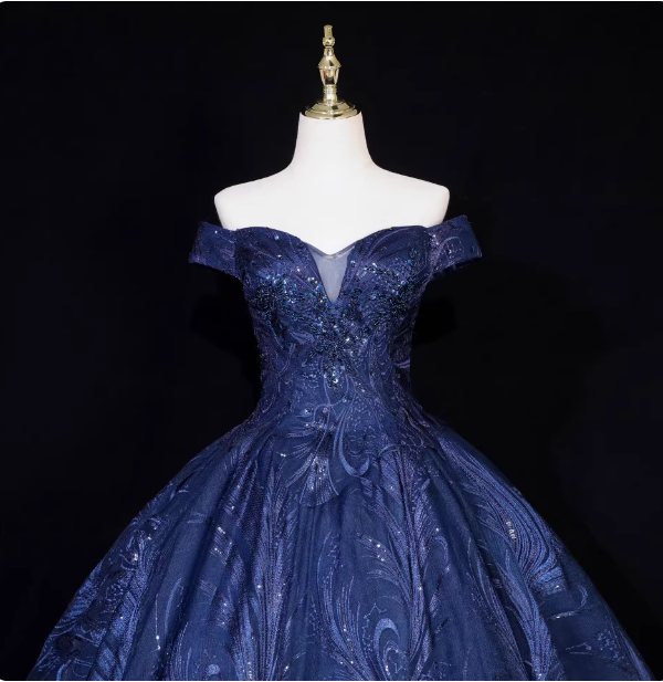 Vintage Navy Blue Off-The-Shoulder Beaded Embroidered Tulle Formal Prom Dresses Secondary image