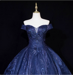 Vintage Navy Blue Off-The-Shoulder Beaded Embroidered Tulle Formal Prom Dresses