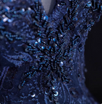 Vintage Navy Blue Off-The-Shoulder Beaded Embroidered Tulle Formal Prom Dresses