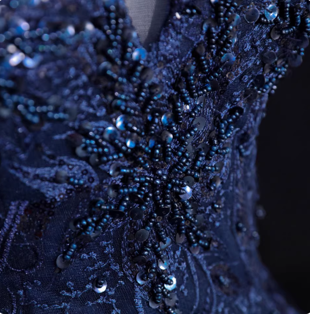 Vintage Navy Blue Off-The-Shoulder Beaded Embroidered Tulle Formal Prom Dresses