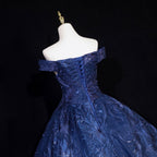 Vintage Navy Blue Off-The-Shoulder Beaded Embroidered Tulle Formal Prom Dresses