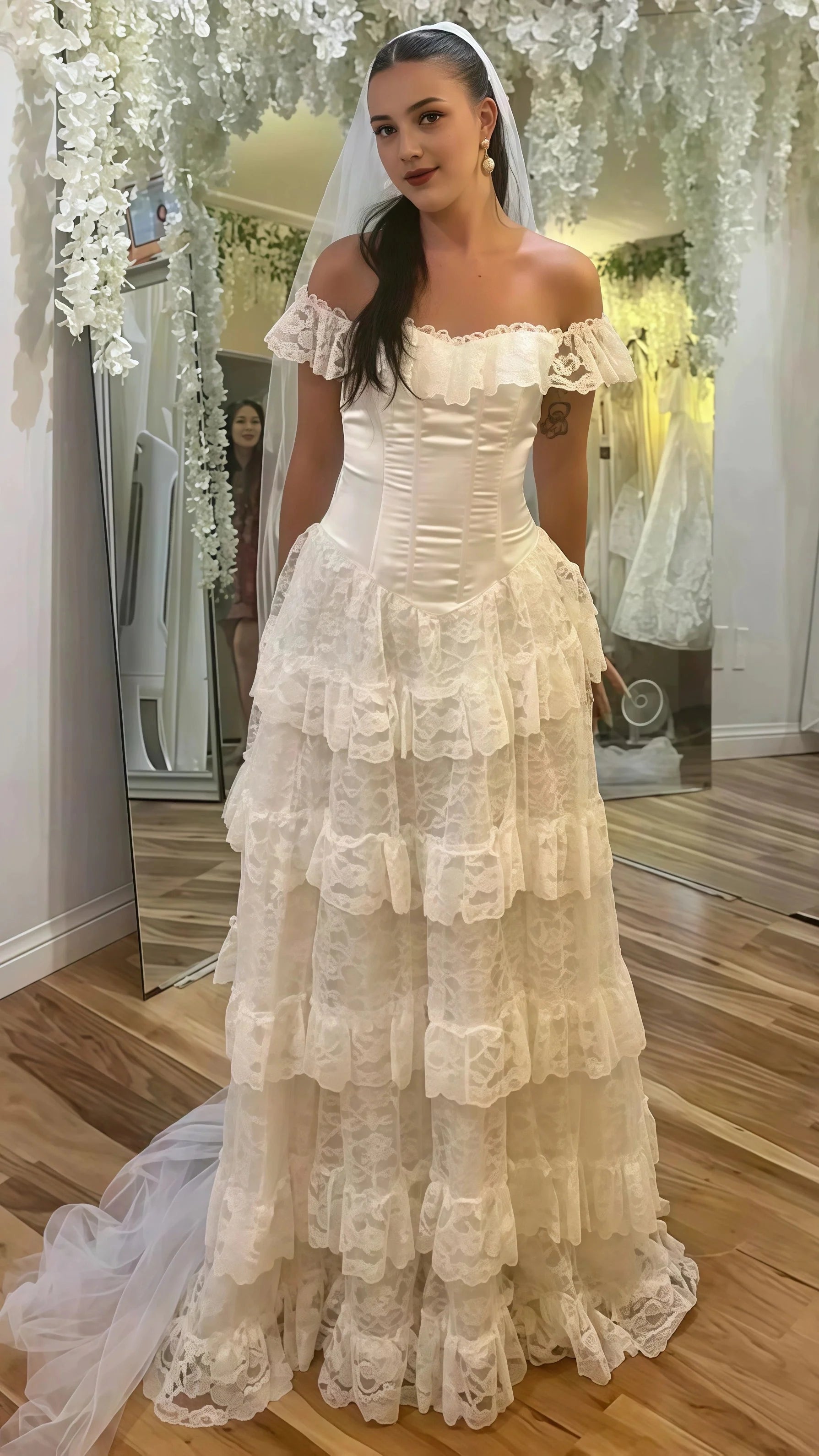 Vintage Off White Lace Wedding Dresses, Ruffle Floor Length Bridal Dresses Main image
