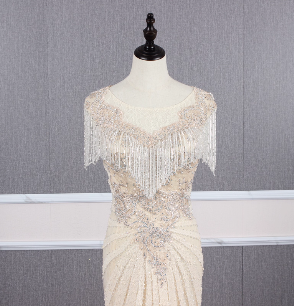 Vintage Off-White Mermaid Crew Neck Fringed Beaded Lace Train Formal Prom Dresses Secondary image