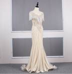 Vintage Off-White Mermaid Crew Neck Fringed Beaded Lace Train Formal Prom Dresses