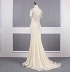 Vintage Off-White Mermaid Crew Neck Fringed Beaded Lace Train Formal Prom Dresses