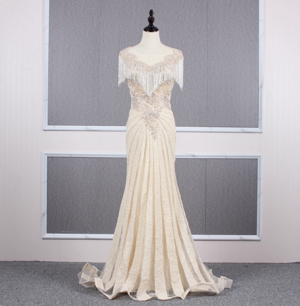 Vintage Off-White Mermaid Crew Neck Fringed Beaded Lace Train Formal Prom Dresses