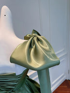 Vintage Olive Green A-Line Bow Strap Satin Tea-Length Formal Prom Dresses