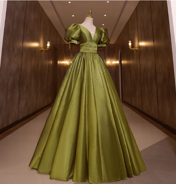 Vintage Olive Green Deep V-Neck Puff Sleeve Satin Long Formal Prom Dresses