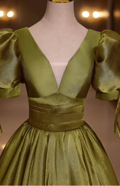 Vintage Olive Green Deep V-Neck Puff Sleeve Satin Long Formal Prom Dresses