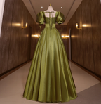 Vintage Olive Green Deep V-Neck Puff Sleeve Satin Long Formal Prom Dresses