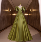 Vintage Olive Green Deep V-Neck Puff Sleeve Satin Long Formal Prom Dresses