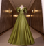 Vintage Olive Green Deep V-Neck Puff Sleeve Satin Long Formal Prom Dresses