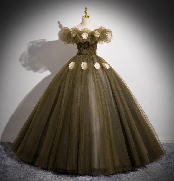 Vintage Olive Green One-Shoulder 3D Floral Tulle Long Ball Gown Prom Dresses Sweet 16 Dresses Main image