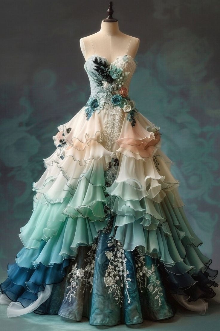 Vintage Ombre  Sweetheart Chiffon Long Ball Gown Embroidered Applique Sweet Floral Formal Dresses Main image