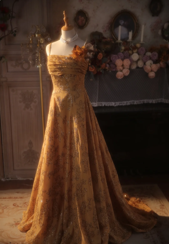 Vintage Orange A-Line Spaghetti Strap Sequined Floral Train Formal Prom Dresses Secondary image