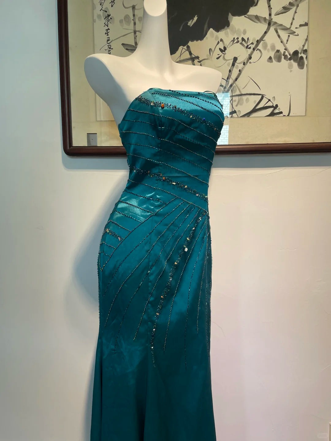 Vintage Peacock Blue Mermaid Strapless Beaded Satin Long Formal Prom Dresses