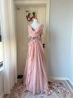 Vintage Pink A-Line Rhinestone Beaded Chiffon Long Formal Prom Dresses