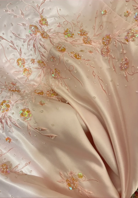 Vintage Pink Strapless Satin Beaded Mermaid Prom Dress