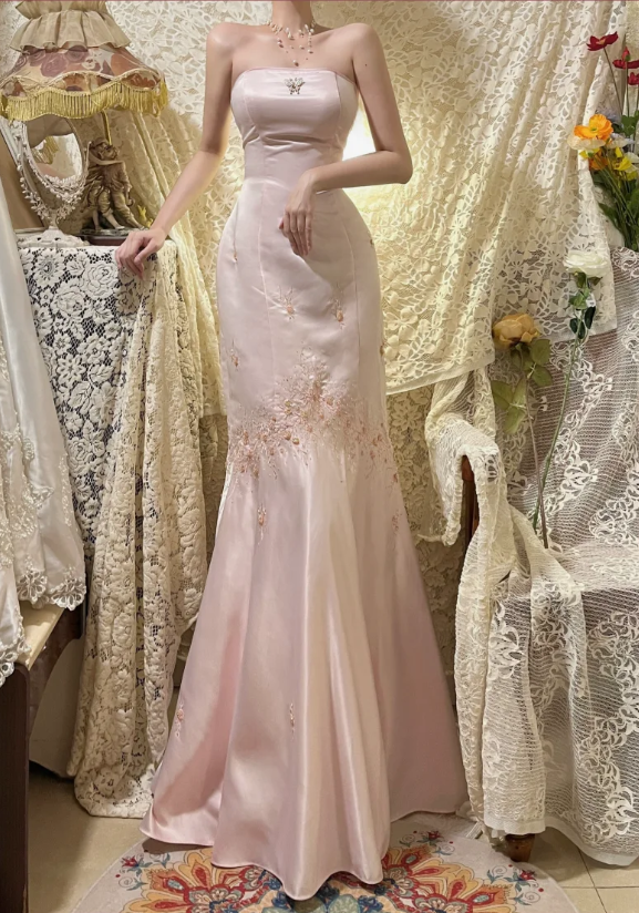 Vintage Pink Strapless Satin Beaded Mermaid Prom Dress