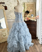 Vintage Princess Light Hazy Blue Strapless Lace Embroidered Tulle Ball Gown Prom Dresses