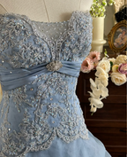 Vintage Princess Light Hazy Blue Strapless Lace Embroidered Tulle Ball Gown Prom Dresses