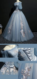 Vintage Princess Off Shoulder Half Sleeve Dusty Blue Appliques Ball Gown Formal Prom Dresses