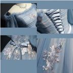 Vintage Princess Off Shoulder Half Sleeve Dusty Blue Appliques Ball Gown Formal Prom Dresses