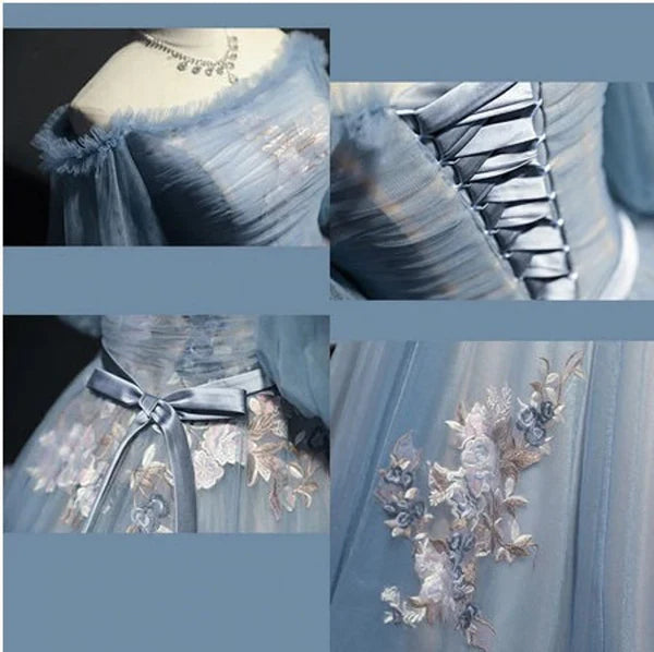 Vintage Princess Off Shoulder Half Sleeve Dusty Blue Appliques Ball Gown Formal Prom Dresses
