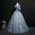 Vintage Princess Off Shoulder Half Sleeve Dusty Blue Appliques Ball Gown Formal Prom Dresses