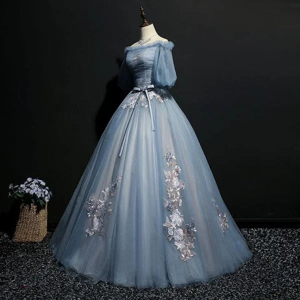 Vintage Princess Off Shoulder Half Sleeve Dusty Blue Appliques Ball Gown Formal Prom Dresses