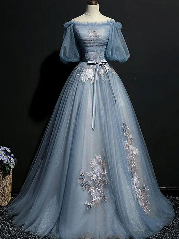 Vintage Princess Off Shoulder Half Sleeve Dusty Blue Appliques Ball Gown Formal Prom Dresses Main image
