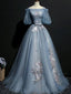 Vintage Princess Off Shoulder Half Sleeve Dusty Blue Appliques Ball Gown Formal Prom Dresses