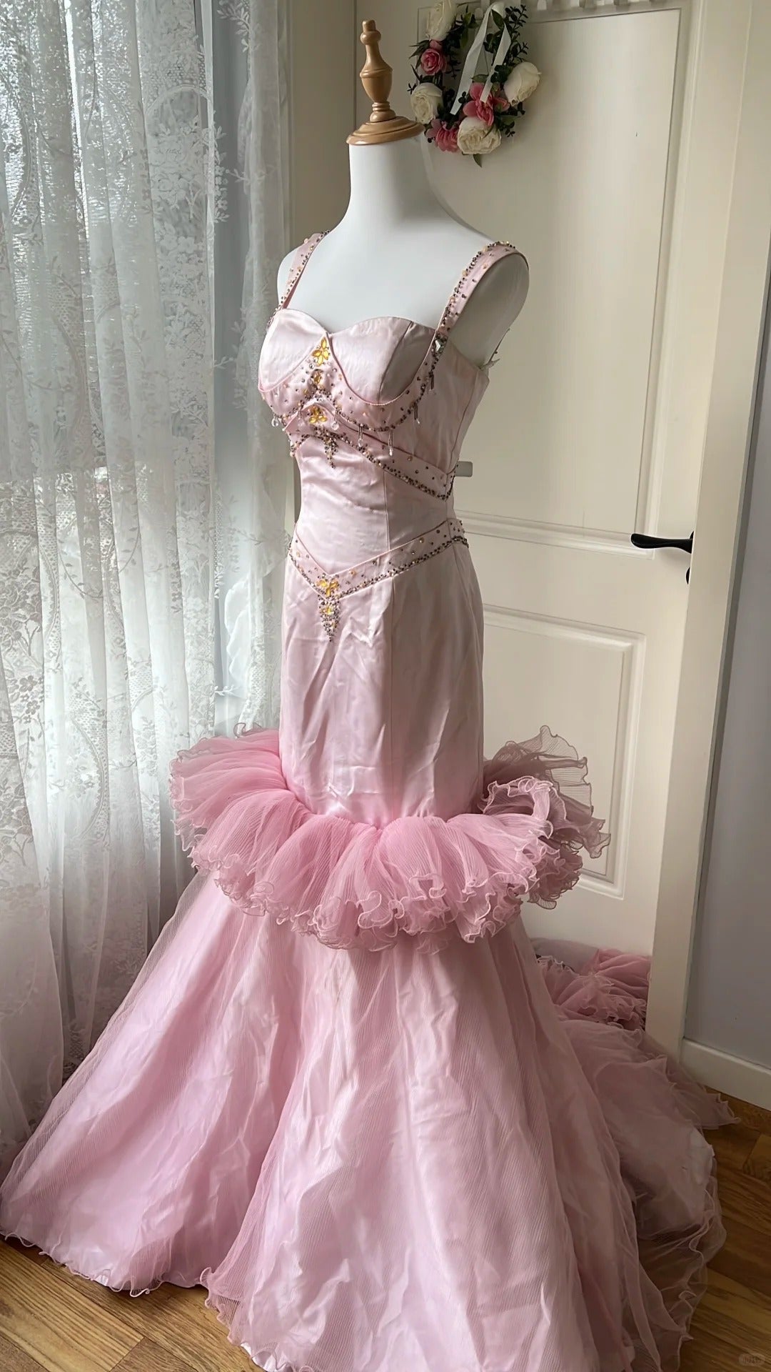 Vintage Princess Pink Mermaid Satin Tulle Train Formal Prom Dresses Secondary image