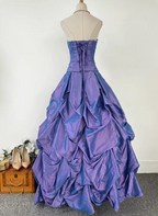 Vintage Princess Purple-Blue Sweetheart Neck Satin Ruched Long Ball Gown Prom Dresses