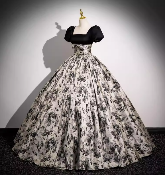 Vintage Printed Square Neck Puff Sleeve Velvet Ball Gown Prom Dresses Sweet 16 Dresses