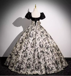Vintage Printed Square Neck Puff Sleeve Velvet Ball Gown Prom Dresses Sweet 16 Dresses