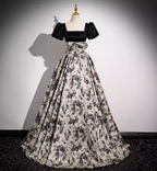 Vintage Printed Square Neck Puff Sleeve Velvet Ball Gown Prom Dresses Sweet 16 Dresses