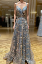 Vintage Formal Prom Dresses 90S, A-line V Neck Sleeveless Sweep Train Tulle Satin Formal Prom Dresses With Appliqued Split