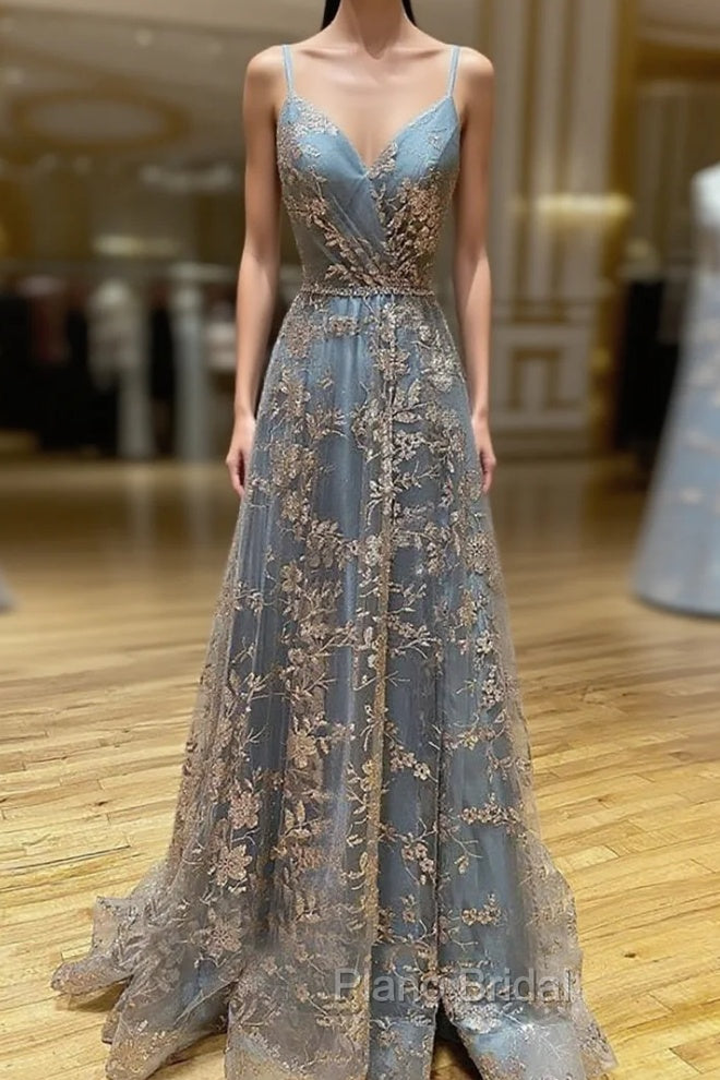 Vintage Formal Prom Dresses 90S, A-line V Neck Sleeveless Sweep Train Tulle Satin Formal Prom Dresses With Appliqued Split