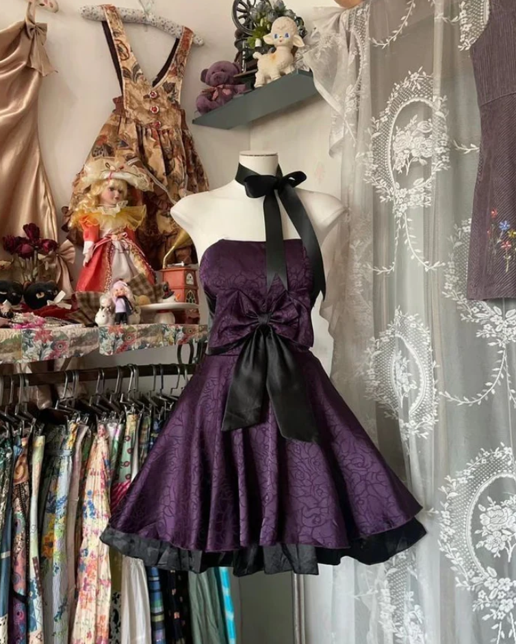 Vintage Purple Satin A Line Short Party Dresses Homecoming Dresses With Bow Main image