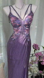 Vintage Purple Strap Chiffon Halter Back High Slit Beaded Formal Evening Gown Formal Prom Dresses