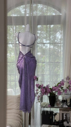 Vintage Purple Strap Chiffon Halter Back High Slit Beaded Formal Evening Gown Formal Prom Dresses