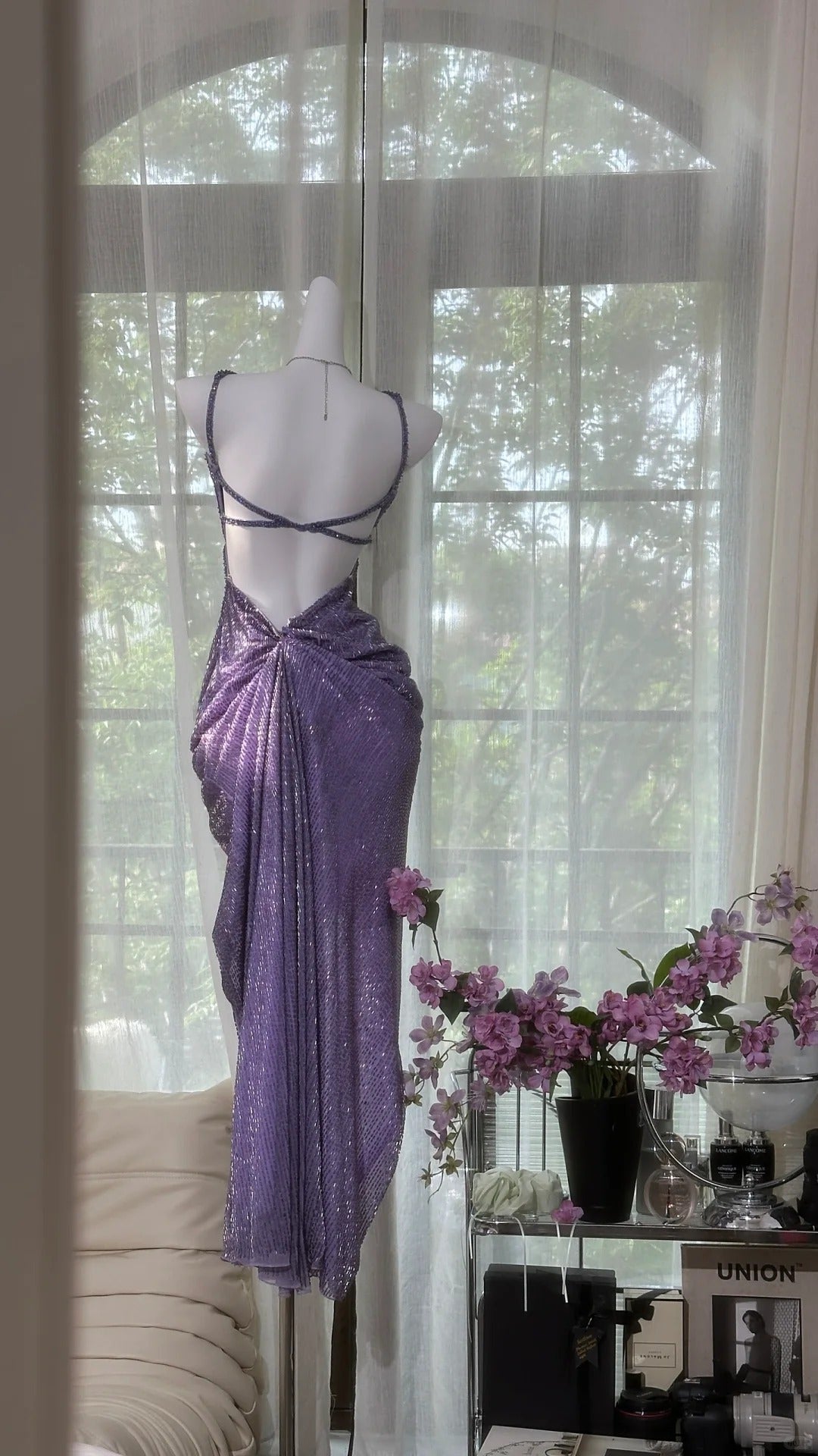 Vintage Purple Strap Chiffon Halter Back High Slit Beaded Formal Evening Gown Formal Prom Dresses