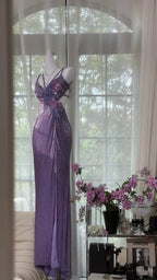 Vintage Purple Strap Chiffon Halter Back High Slit Beaded Formal Evening Gown Formal Prom Dresses