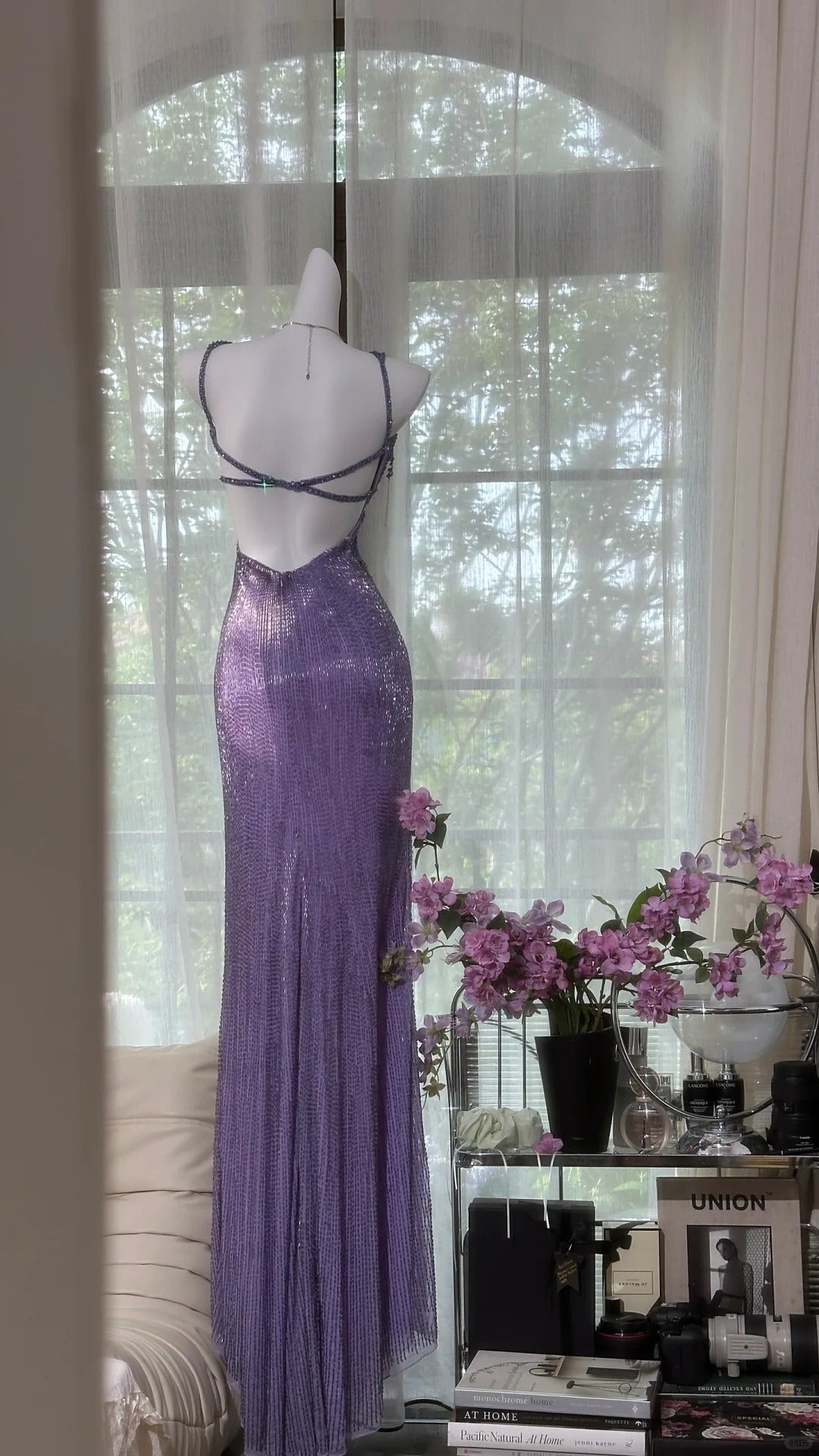 Vintage Purple Strap Chiffon Halter Back High Slit Beaded Formal Evening Gown Formal Prom Dresses
