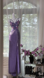 Vintage Purple Strap Chiffon Halter Back High Slit Beaded Formal Evening Gown Formal Prom Dresses