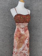 Vintage Red-Brown Gilded Gradient Spaghetti Strap Beaded Satin Long Formal Prom Dresses
