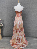 Vintage Red-Brown Gilded Gradient Spaghetti Strap Beaded Satin Long Formal Prom Dresses