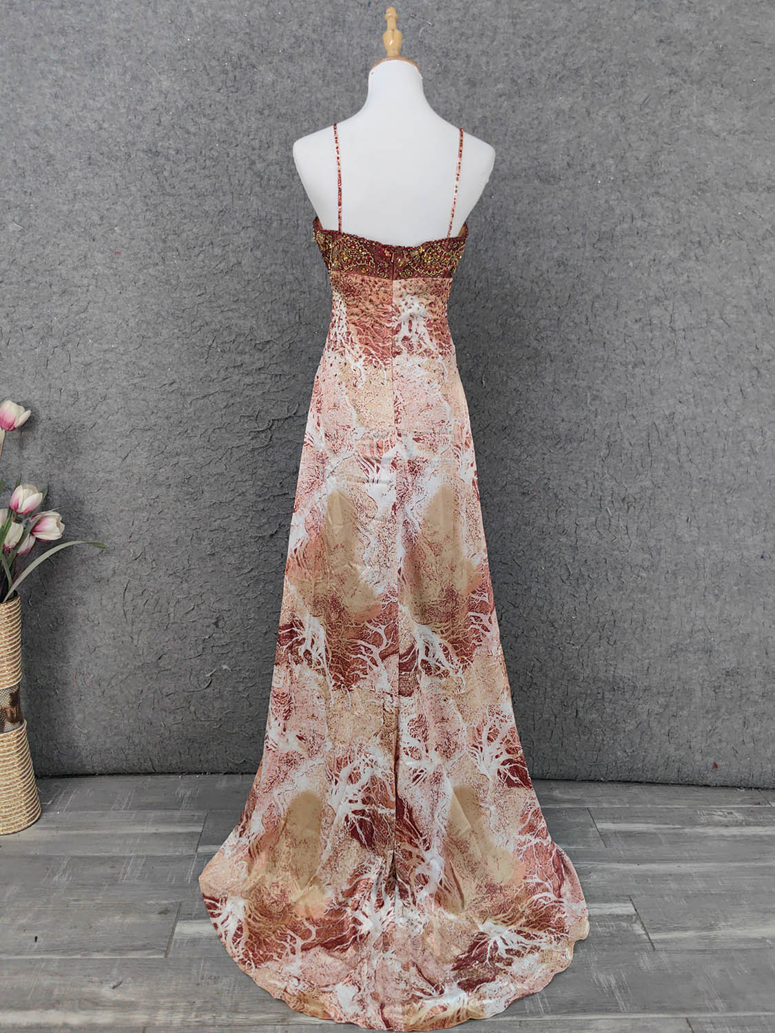 Vintage Red-Brown Gilded Gradient Spaghetti Strap Beaded Satin Long Formal Prom Dresses